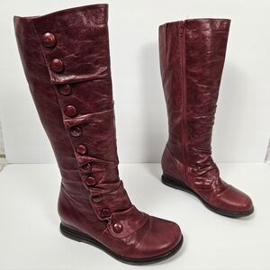 Miz Mooz Red Leather Ruched Button Low Wedge Bloom Boots